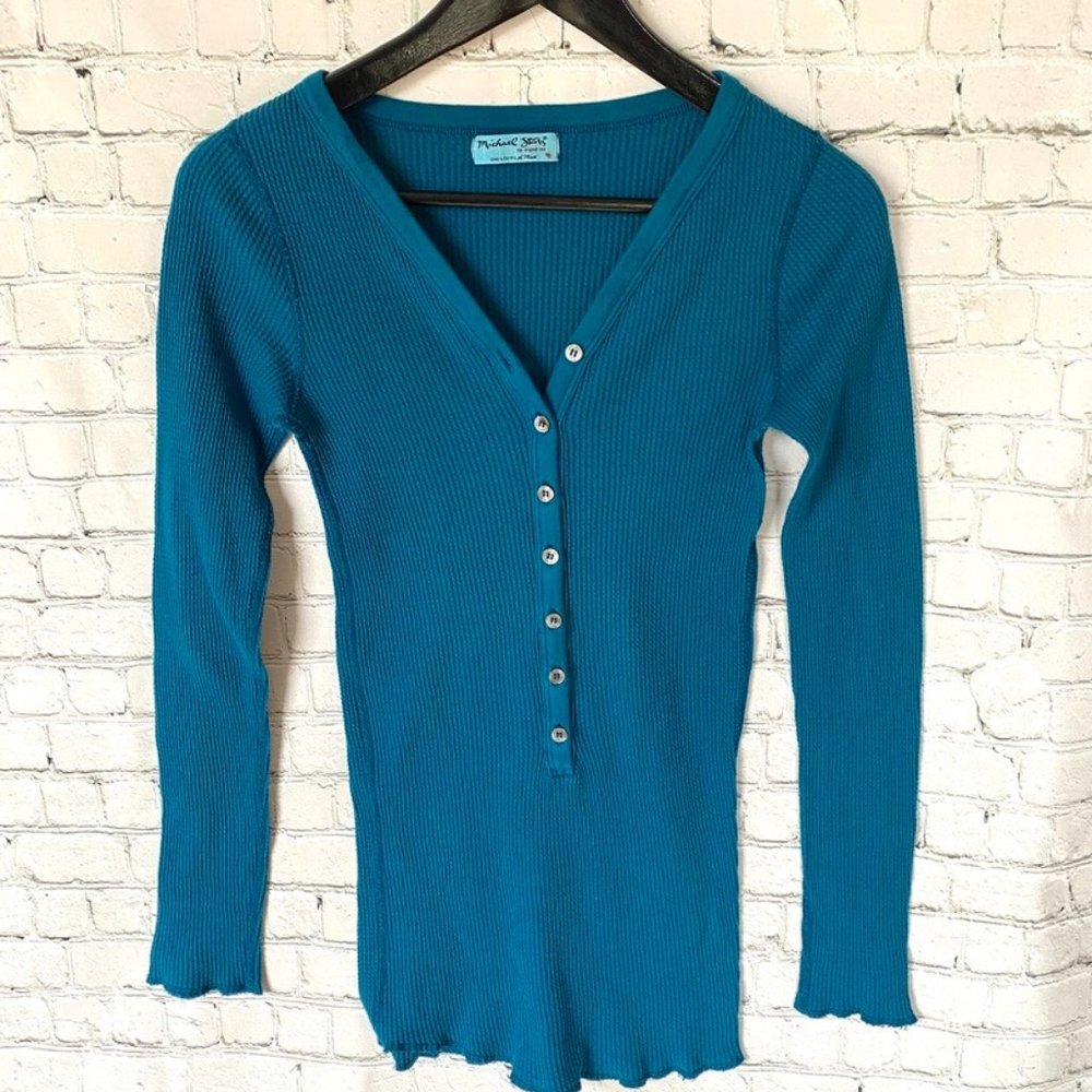 Michael Stars Blue Button Thermal Waffle Henley